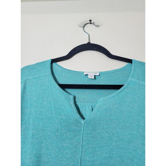 J Jill Sweater Womens Medium LINEN Tunic Aqua Blue Relaxed Fit V-neck Side Slits - Picture 3 of 9